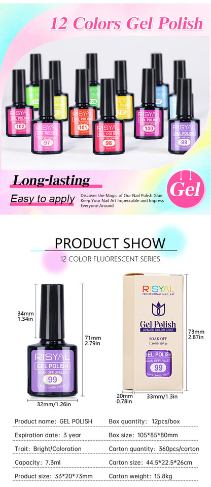 New gel polish in fluorescent colors. Gel nail polish color gel for manicure. Phototherapy gel.