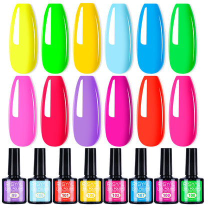 New gel polish in fluorescent colors. Gel nail polish color gel for manicure. Phototherapy gel.