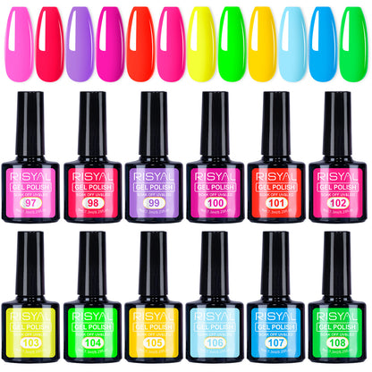 New gel polish in fluorescent colors. Gel nail polish color gel for manicure. Phototherapy gel.