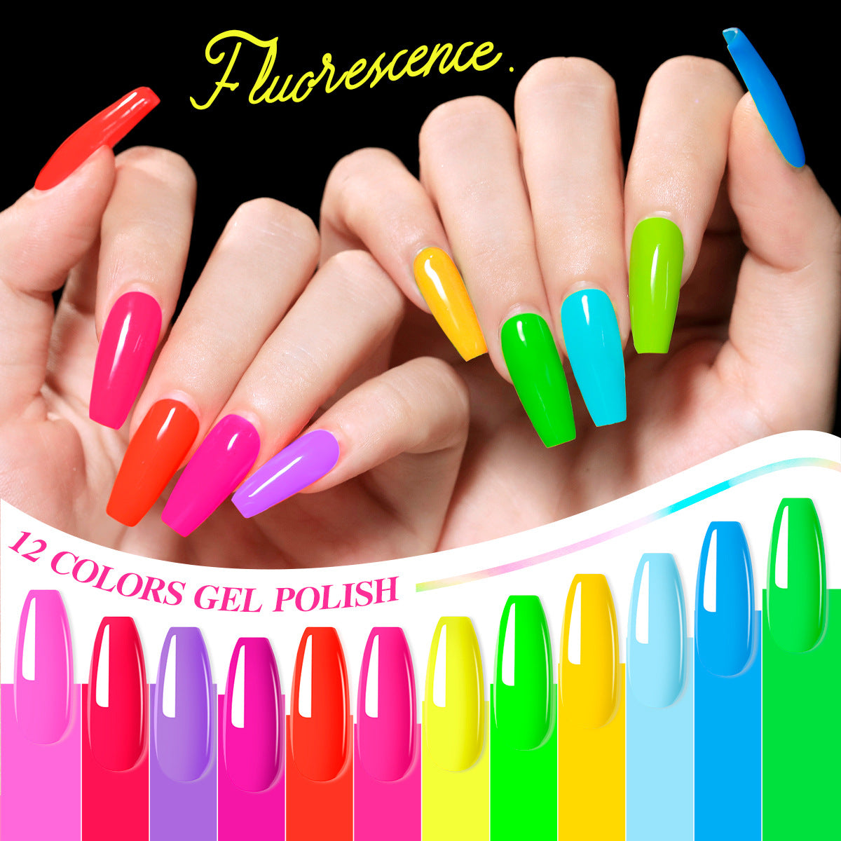 New gel polish in fluorescent colors. Gel nail polish color gel for manicure. Phototherapy gel.